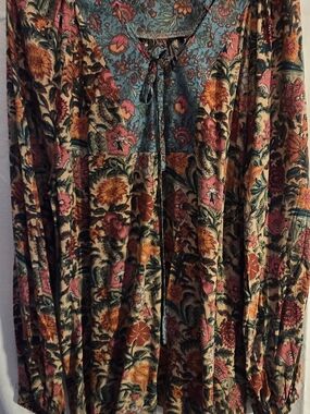 NATURAL LIFE Floral Peasant Blouse in Teal, Pink and Mustard